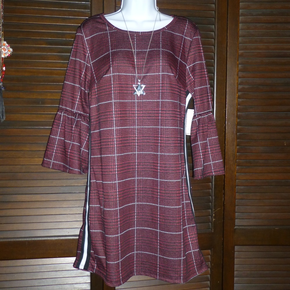 No Comment Plaid Houndstooth Stripe Dress, L, Nwt